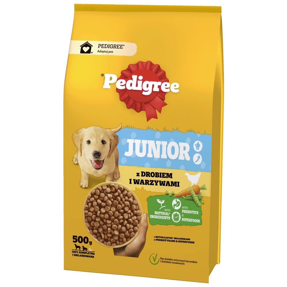 PEDIGREE® Junior z Drobiem i Warzywami, Średnie i Duże Rasy, 500 g & 2.6 kg